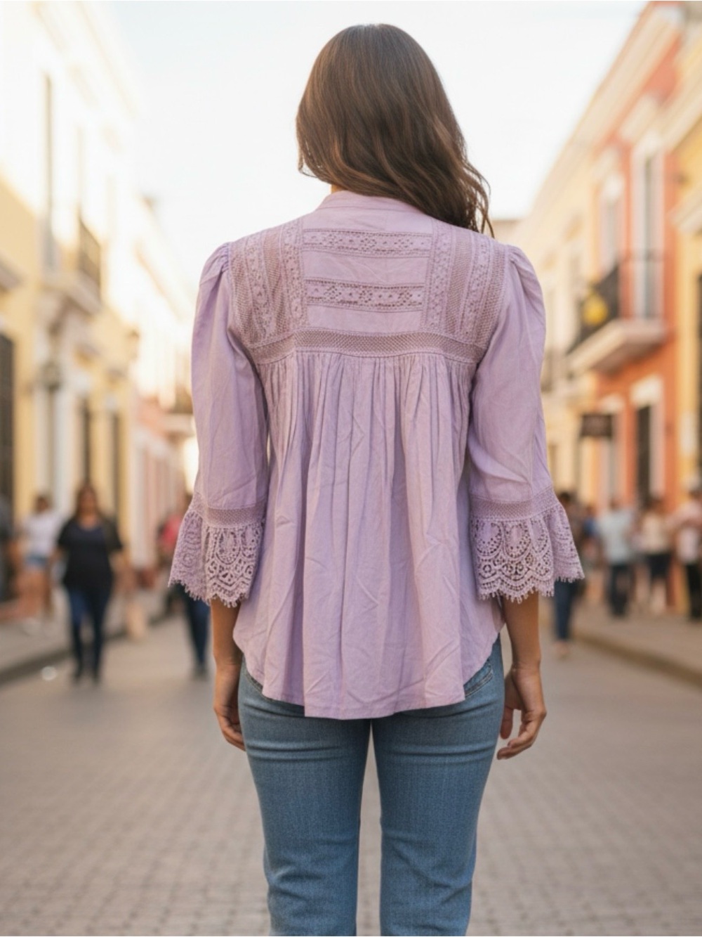 Free People Esme Button Up Lavender Lace Peasant Blouse - Picture 5 of 17